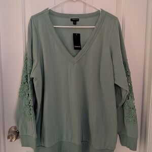 Torrid Cozy Fleece Vneck Crochet Sweatshirt